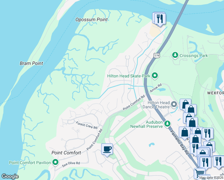 map of restaurants, bars, coffee shops, grocery stores, and more near 22 Goldfinch Lane in Hilton Head Island