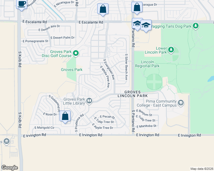 map of restaurants, bars, coffee shops, grocery stores, and more near 4535 South White Pine Avenue in Tucson
