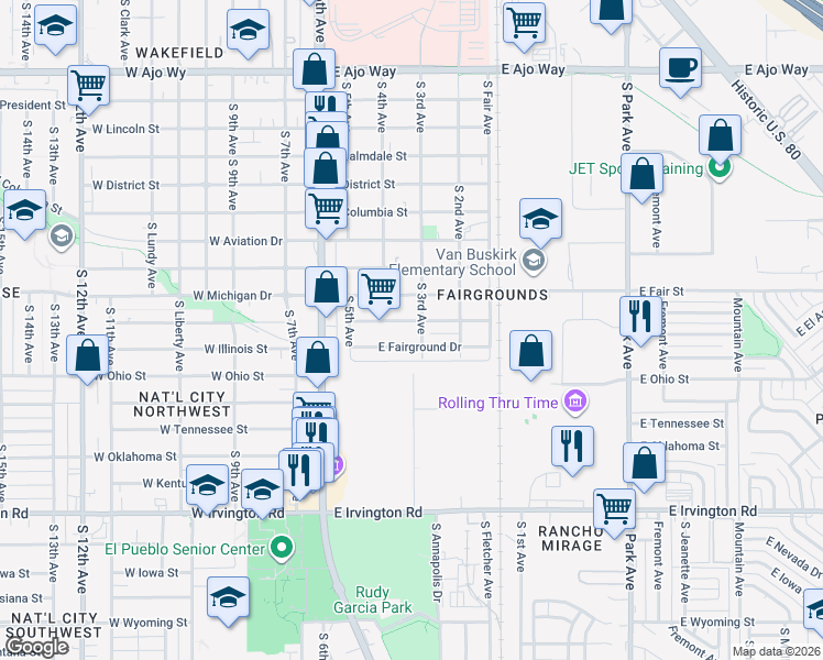 map of restaurants, bars, coffee shops, grocery stores, and more near 307 East Fairground Drive in Tucson