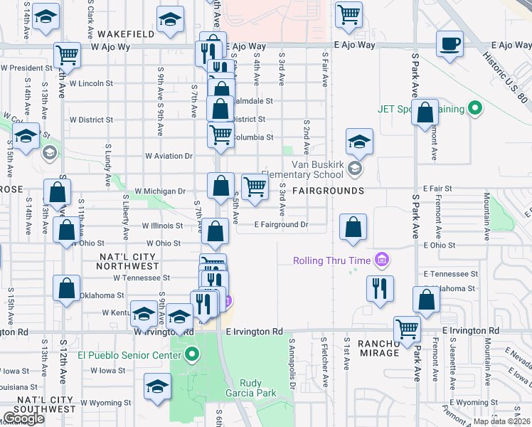 map of restaurants, bars, coffee shops, grocery stores, and more near 207 East Fairground Drive in Tucson