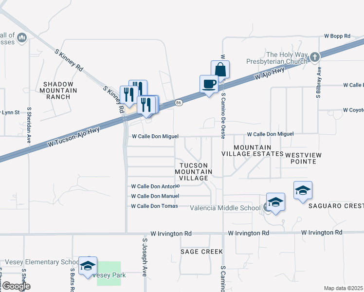 map of restaurants, bars, coffee shops, grocery stores, and more near 4415 South Paseo Don Juan in Tucson