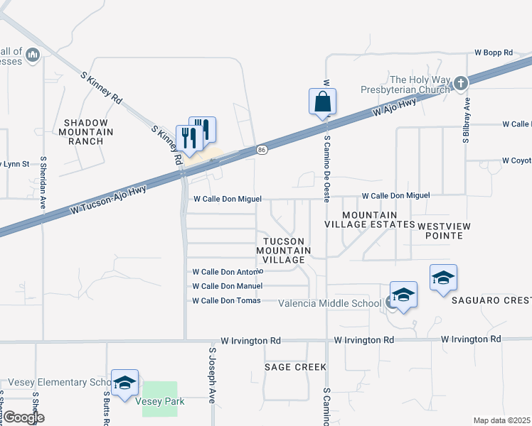 map of restaurants, bars, coffee shops, grocery stores, and more near 4415 South Paseo Don Juan in Tucson