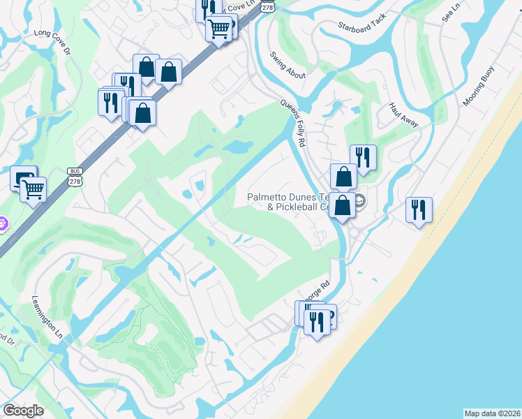 map of restaurants, bars, coffee shops, grocery stores, and more near 37-43 Carnoustie Road in Hilton Head Island