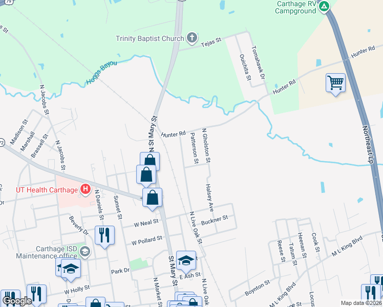 map of restaurants, bars, coffee shops, grocery stores, and more near 906 North Live Oak Street in Carthage