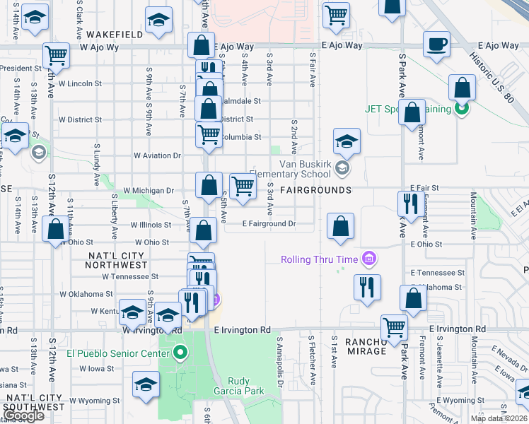 map of restaurants, bars, coffee shops, grocery stores, and more near 307 East Fairground Drive in Tucson