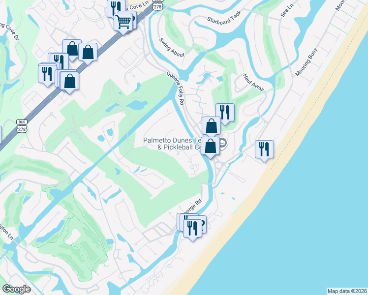 map of restaurants, bars, coffee shops, grocery stores, and more near 20 Carnoustie Road in Hilton Head Island