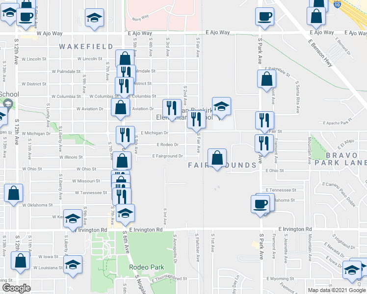 map of restaurants, bars, coffee shops, grocery stores, and more near 4530 South 2nd Avenue in Tucson