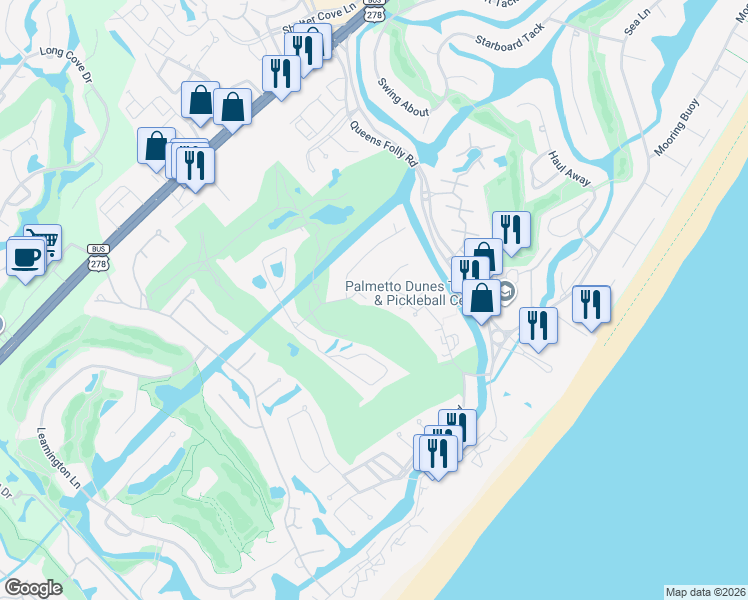 map of restaurants, bars, coffee shops, grocery stores, and more near 35 Carnoustie Road in Hilton Head Island