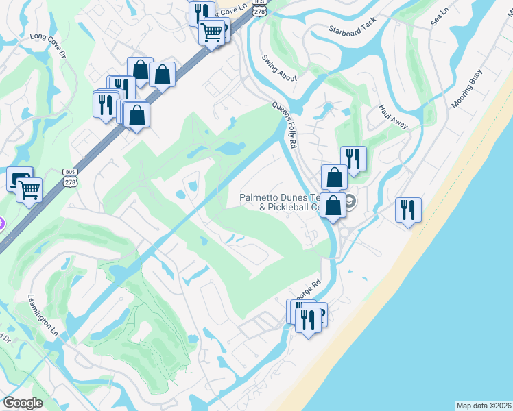 map of restaurants, bars, coffee shops, grocery stores, and more near 43 Carnoustie Road in Hilton Head Island