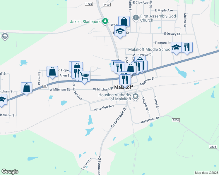 map of restaurants, bars, coffee shops, grocery stores, and more near 220 W Mitchum St in Malakoff