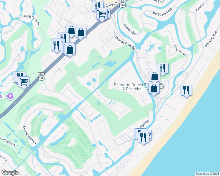 map of restaurants, bars, coffee shops, grocery stores, and more near 60 Carnoustie Road in Hilton Head Island