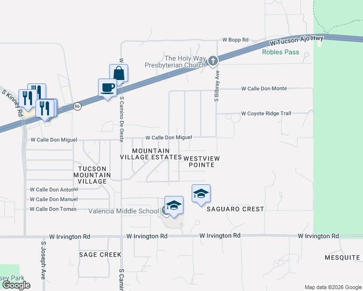 map of restaurants, bars, coffee shops, grocery stores, and more near 4321 West Bushmaster Peak Drive in Tucson