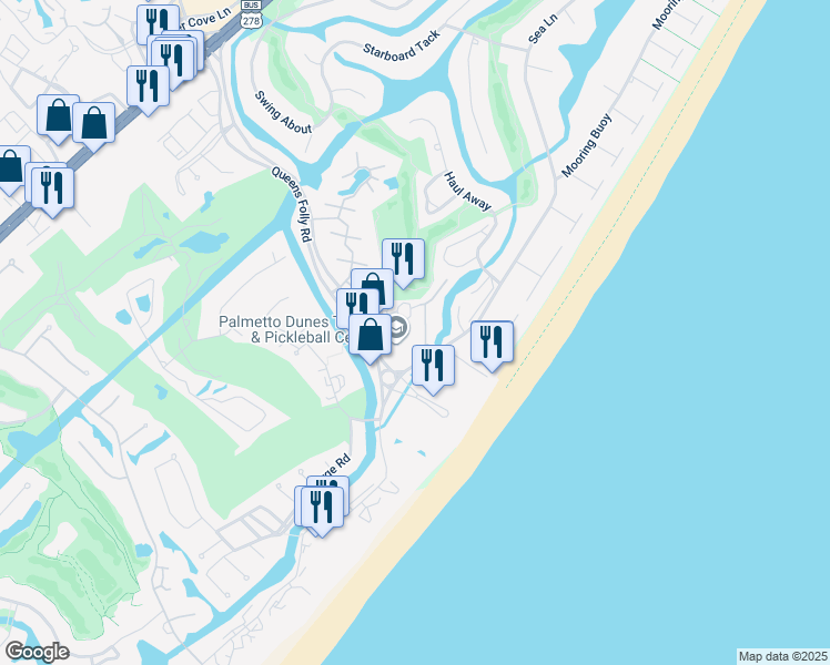 map of restaurants, bars, coffee shops, grocery stores, and more near 10 Dune House Lane in Hilton Head Island