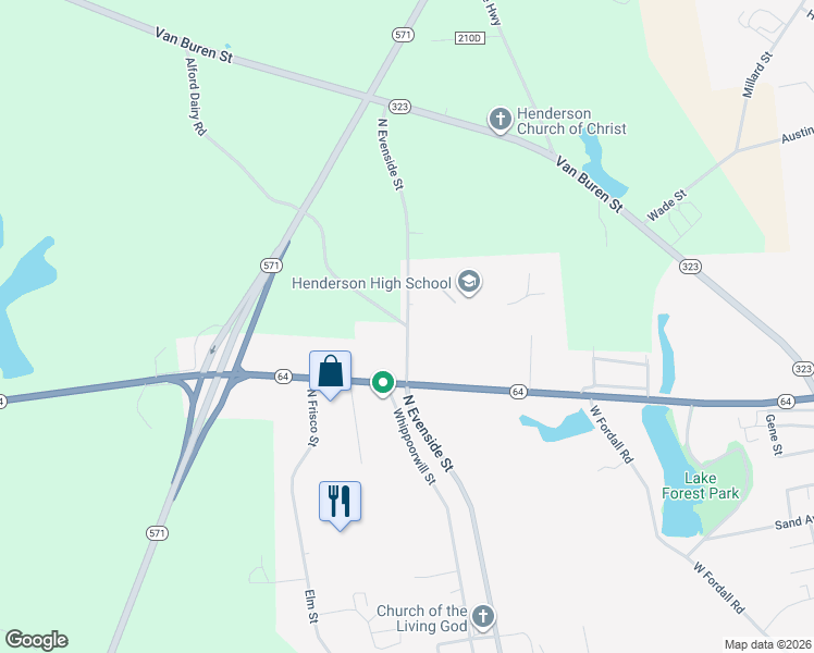 map of restaurants, bars, coffee shops, grocery stores, and more near County Road 423 in Henderson