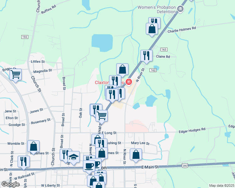 map of restaurants, bars, coffee shops, grocery stores, and more near Highway 73 in Claxton