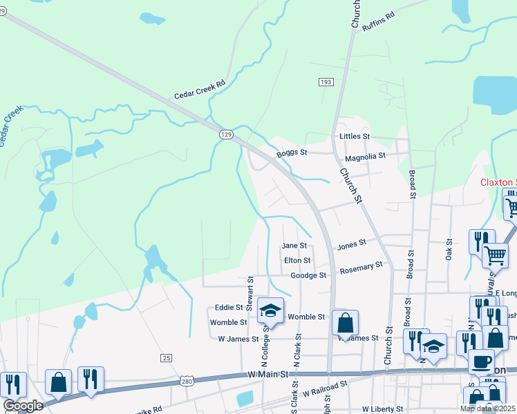 map of restaurants, bars, coffee shops, grocery stores, and more near 133 McKinnon Street in Claxton