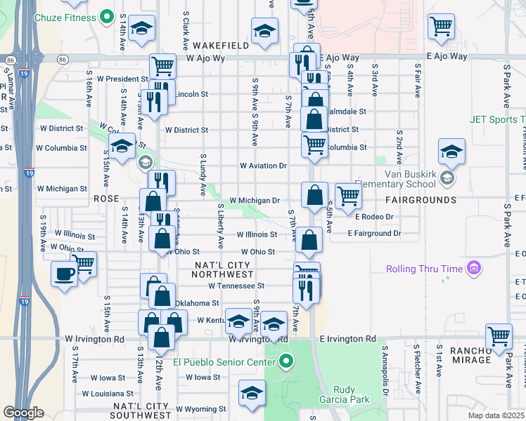 map of restaurants, bars, coffee shops, grocery stores, and more near 156 West Michigan Drive in Tucson