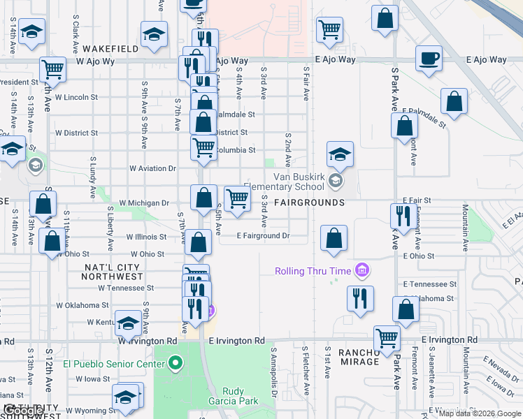 map of restaurants, bars, coffee shops, grocery stores, and more near 4510 South 3rd Avenue in Tucson