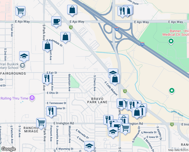 map of restaurants, bars, coffee shops, grocery stores, and more near in Tucson