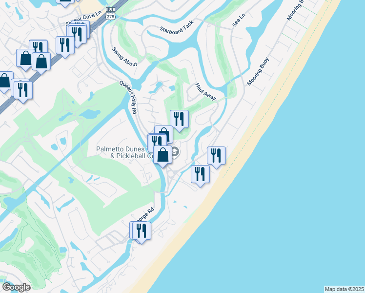 map of restaurants, bars, coffee shops, grocery stores, and more near 10 Dune House Lane in Hilton Head Island