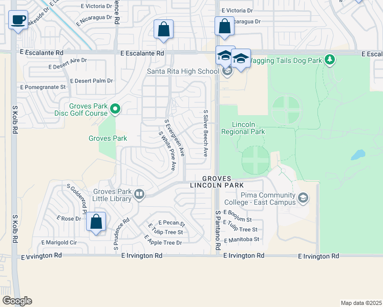 map of restaurants, bars, coffee shops, grocery stores, and more near 7811 East Joshua Place in Tucson