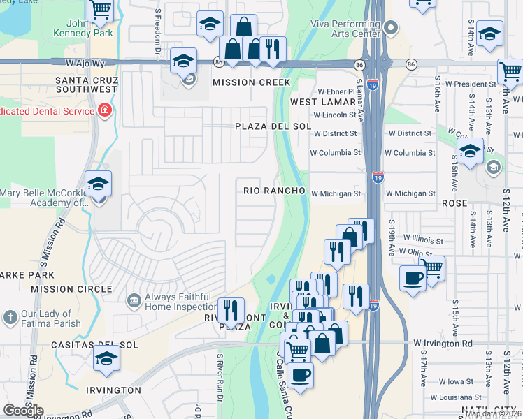 map of restaurants, bars, coffee shops, grocery stores, and more near 1298 West Calle Rancho Rio in Tucson