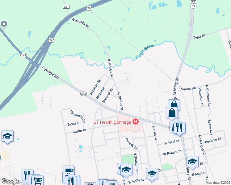 map of restaurants, bars, coffee shops, grocery stores, and more near 812 Brassell Street in Carthage
