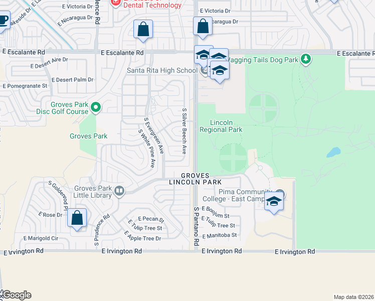 map of restaurants, bars, coffee shops, grocery stores, and more near 4417 South Silver Beech Avenue in Tucson