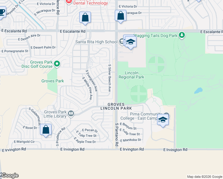 map of restaurants, bars, coffee shops, grocery stores, and more near 4425 South Silver Beech Avenue in Tucson