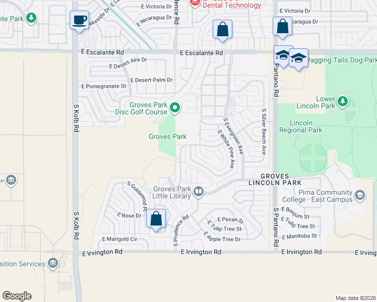 map of restaurants, bars, coffee shops, grocery stores, and more near 4400 South Dogwood Avenue in Tucson
