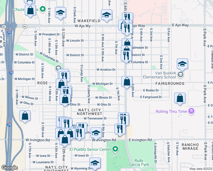 map of restaurants, bars, coffee shops, grocery stores, and more near 156 West Michigan Drive in Tucson