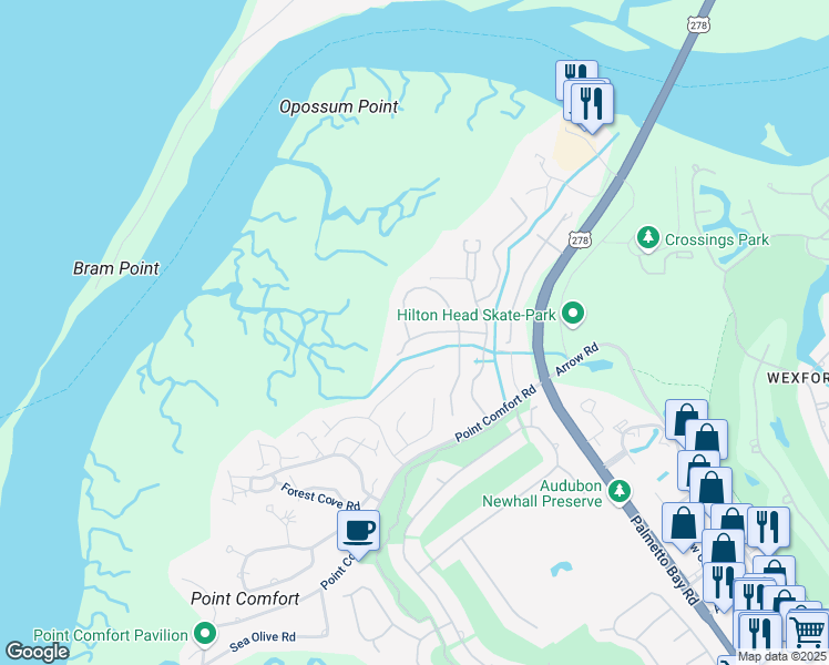map of restaurants, bars, coffee shops, grocery stores, and more near 36 Freshwater Lane in Hilton Head Island