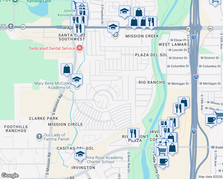 map of restaurants, bars, coffee shops, grocery stores, and more near 4545 South Mission Road in Tucson