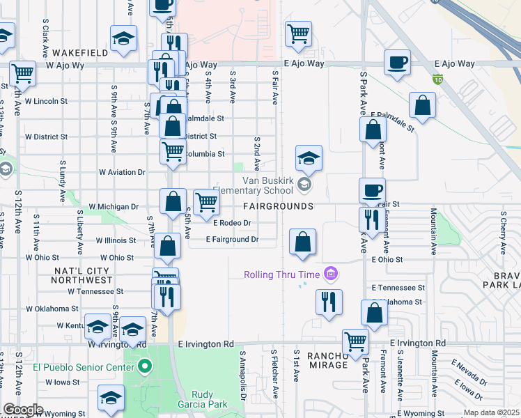 map of restaurants, bars, coffee shops, grocery stores, and more near 406 East Michigan Drive in Tucson