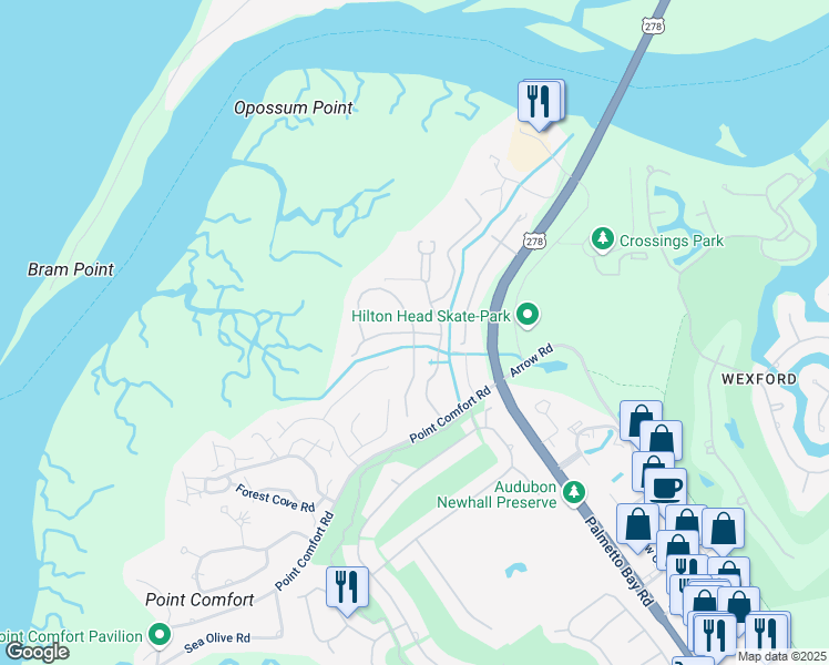 map of restaurants, bars, coffee shops, grocery stores, and more near Tide Pointe Road in Hilton Head Island