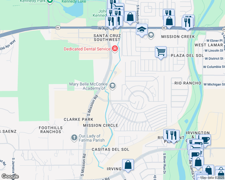 map of restaurants, bars, coffee shops, grocery stores, and more near 4455 South Mission Road in Tucson