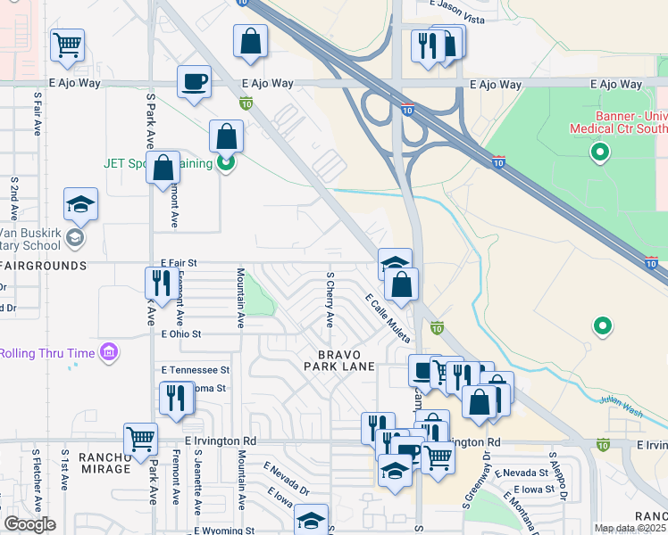 map of restaurants, bars, coffee shops, grocery stores, and more near 1602 East Fair Street in Tucson