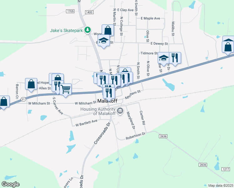 map of restaurants, bars, coffee shops, grocery stores, and more near 200 East Mitcham Street in Malakoff