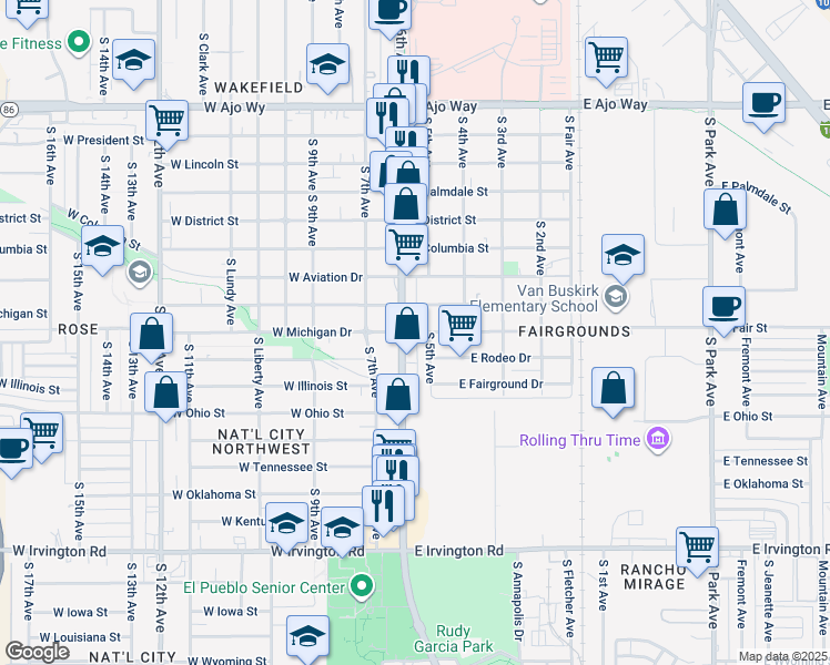 map of restaurants, bars, coffee shops, grocery stores, and more near 101 East Michigan Drive in Tucson