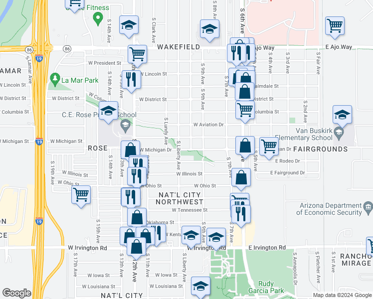 map of restaurants, bars, coffee shops, grocery stores, and more near 263 West Michigan Drive in Tucson