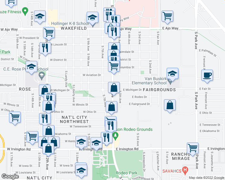 map of restaurants, bars, coffee shops, grocery stores, and more near South 6th Avenue in Tucson