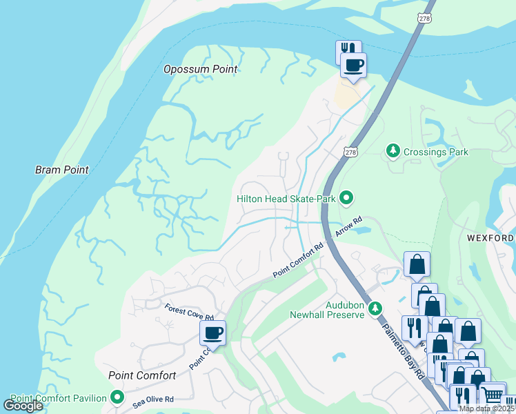 map of restaurants, bars, coffee shops, grocery stores, and more near 36 Freshwater Lane in Hilton Head Island