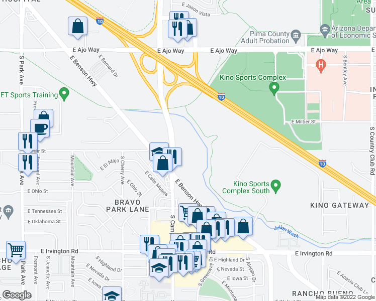 map of restaurants, bars, coffee shops, grocery stores, and more near 741 Kino Parkway in Tucson
