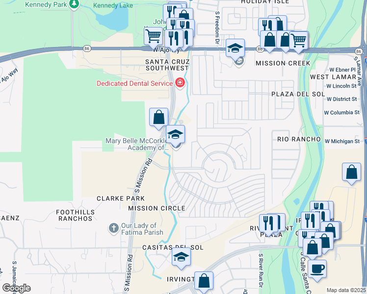 map of restaurants, bars, coffee shops, grocery stores, and more near 4455 South Mission Road in Tucson