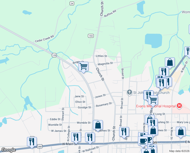 map of restaurants, bars, coffee shops, grocery stores, and more near 616 Church Street in Claxton