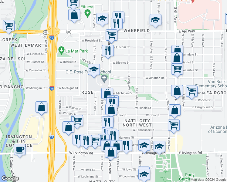 map of restaurants, bars, coffee shops, grocery stores, and more near 526 West Michigan Drive in Tucson