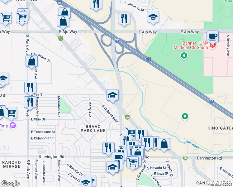 map of restaurants, bars, coffee shops, grocery stores, and more near 741 Kino Parkway in Tucson