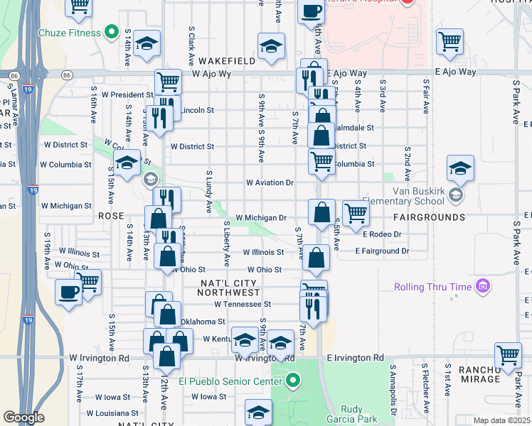 map of restaurants, bars, coffee shops, grocery stores, and more near 156 West Michigan Drive in Tucson