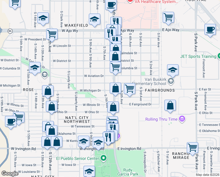 map of restaurants, bars, coffee shops, grocery stores, and more near 4510 South 6th Avenue in Tucson