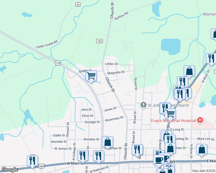 map of restaurants, bars, coffee shops, grocery stores, and more near 616 Church Street in Claxton